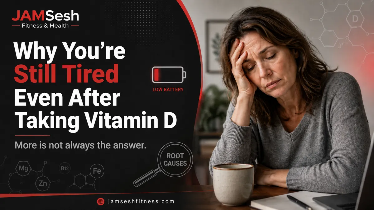 Exhausted woman at kitchen table with vitamins and coffee, representing fatigue despite trying to improve energy