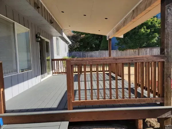 Side view of a custom covered deck build