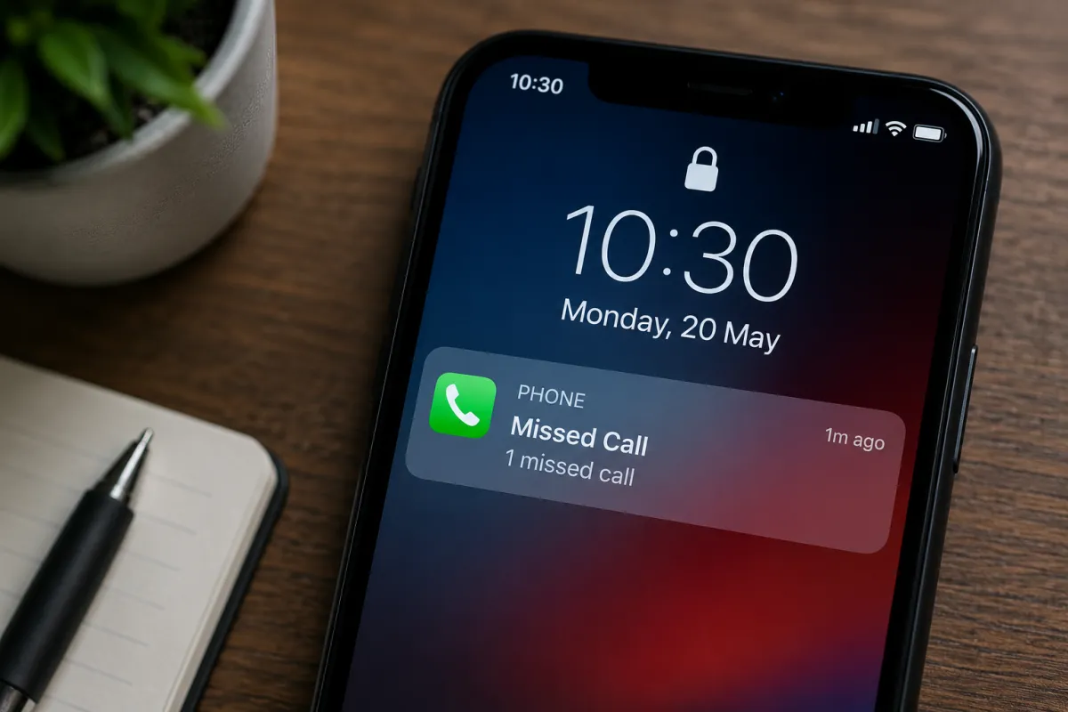 A phone face with a "missed call" message displayed