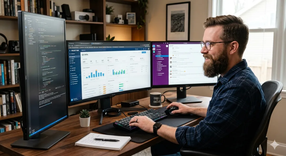 One person at a desk directing several AI tools running in parallel windows, illustrating context switching as an orchestration skill
