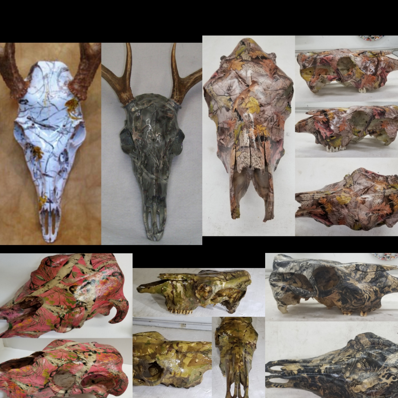 Collage of multiple skull mounts hydro-dipped in different camo and graphic film patterns