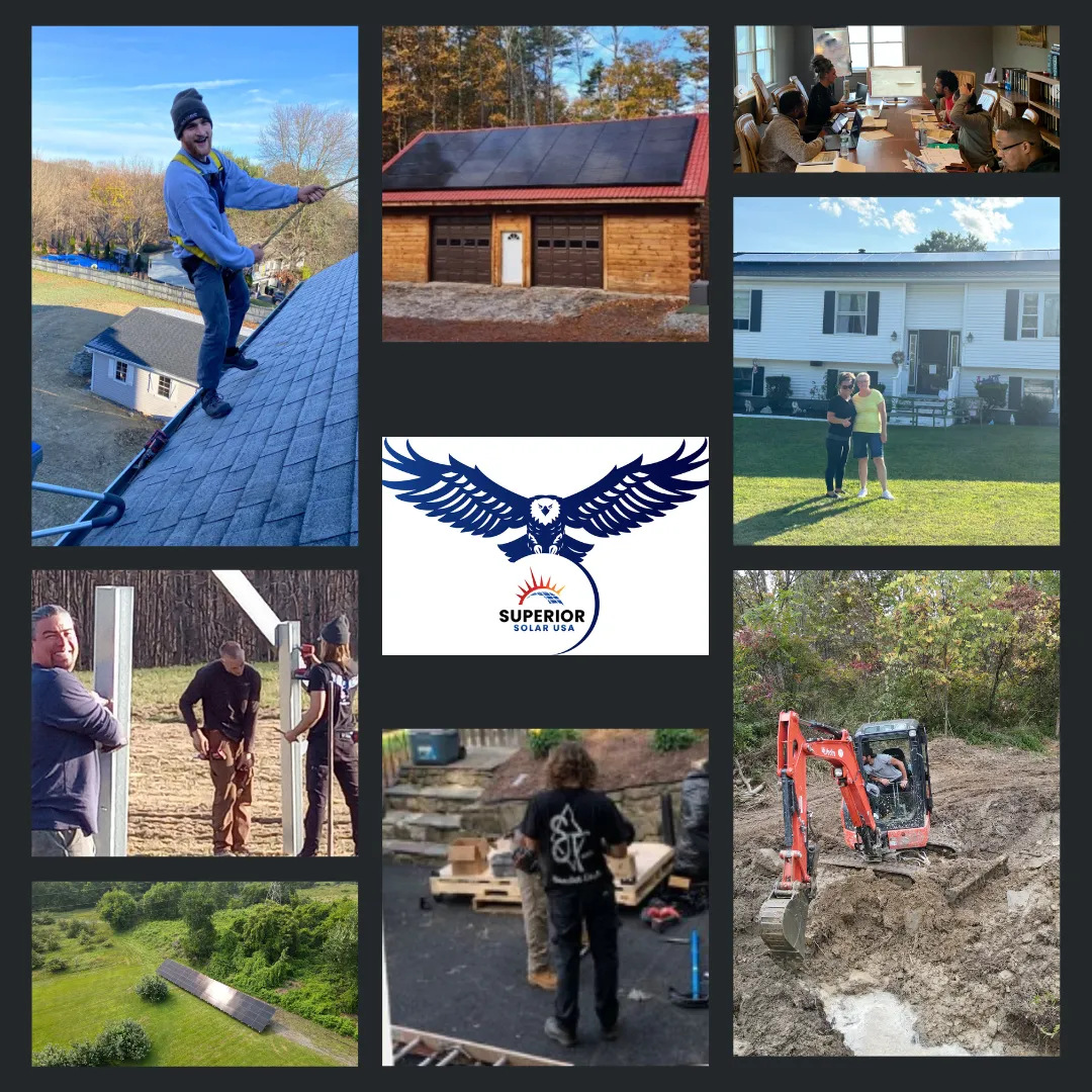 A collage picture of superior solar solar usa employees and solar panel roof top ad ground mount projects and clientele.