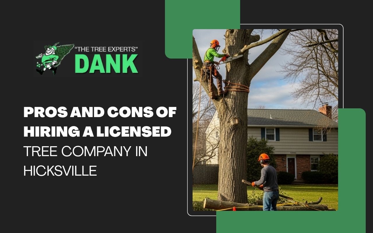 Licensed tree company in Hicksville trimming trees safely in a residential yard