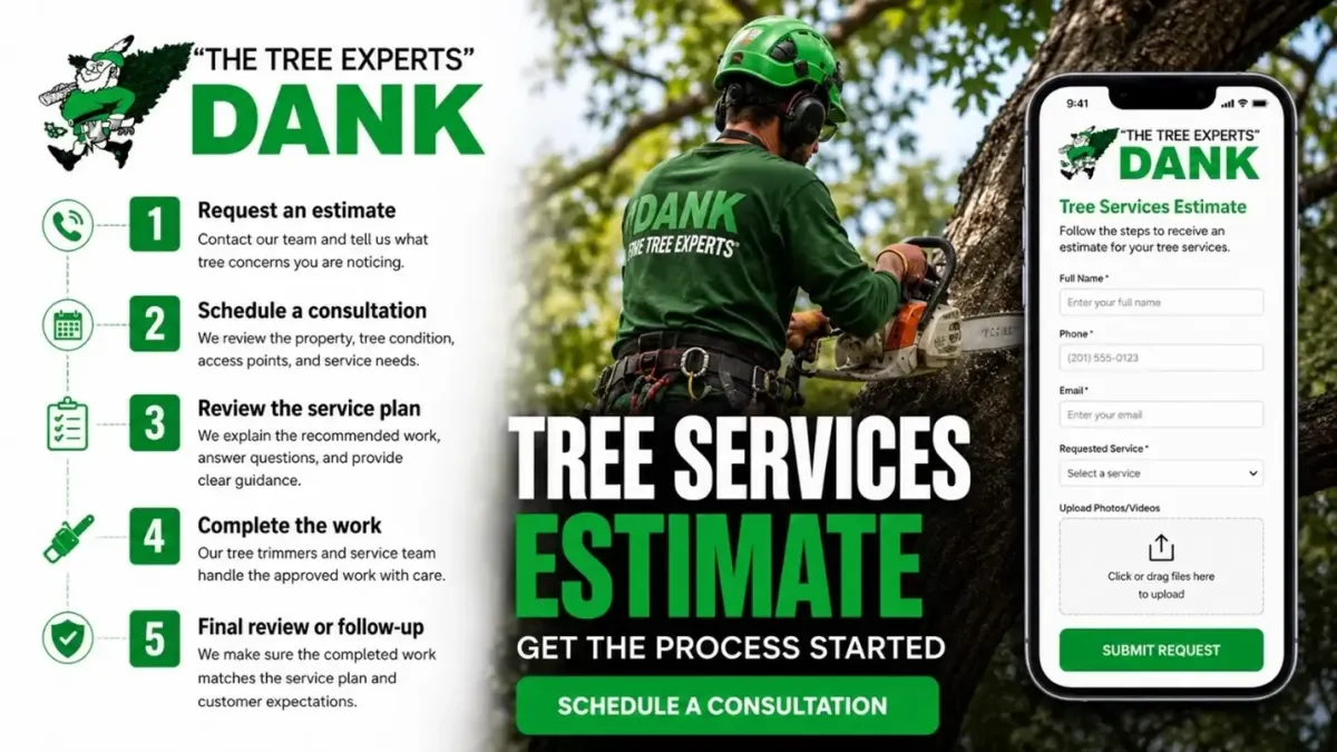 Tree services estimate process banner showing Dank Tree Experts consultation steps, service form, and tree care professional