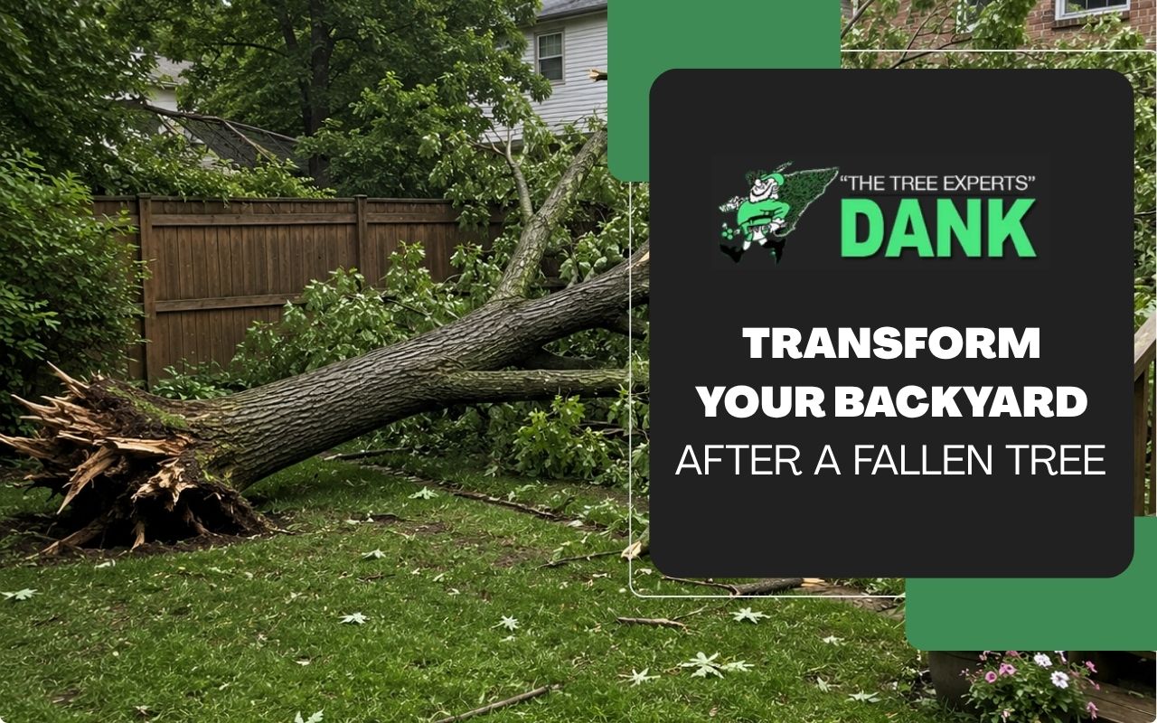 Fallen tree in Babylon, NY across a backyard after storm damage