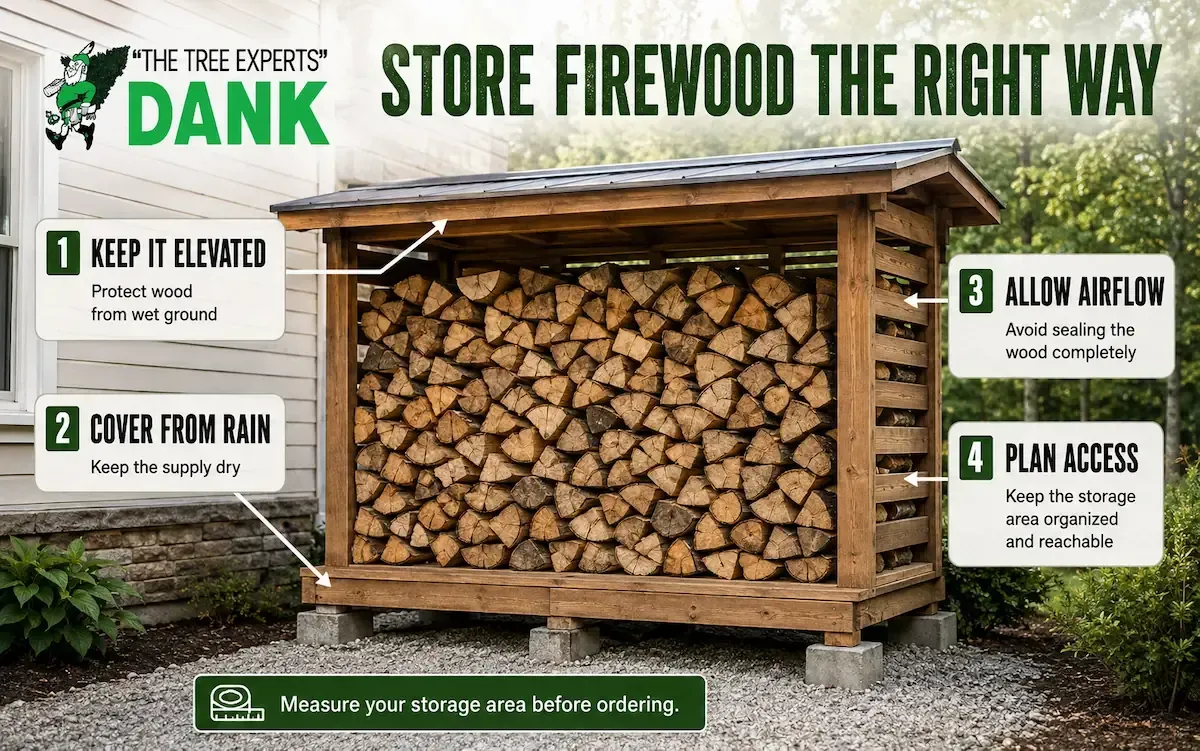 Firewood storage infographic showing how to keep wood elevated, covered from rain, ventilated for airflow, and organized for easy access.