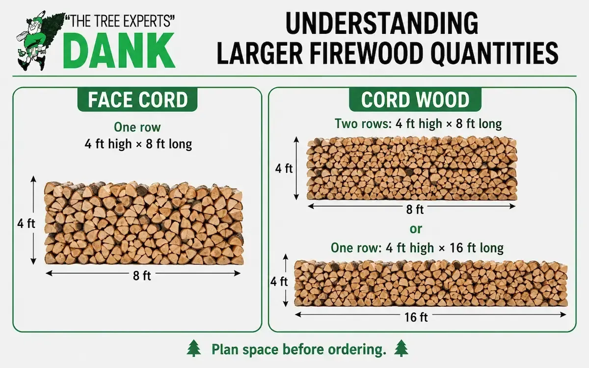 Infographic showing common uses for seasoned firewood, including indoor fireplaces, wood-burning stoves, outdoor fire pits, seasonal home heating, and commercial properties.