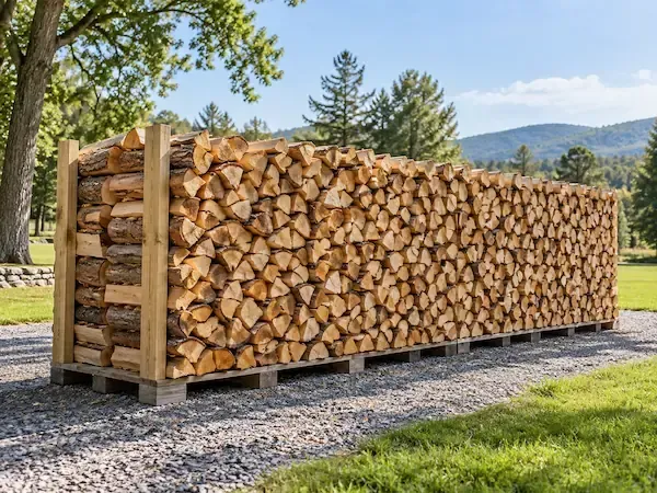 Stacked Dank firewood logs ready for residential or commercial use