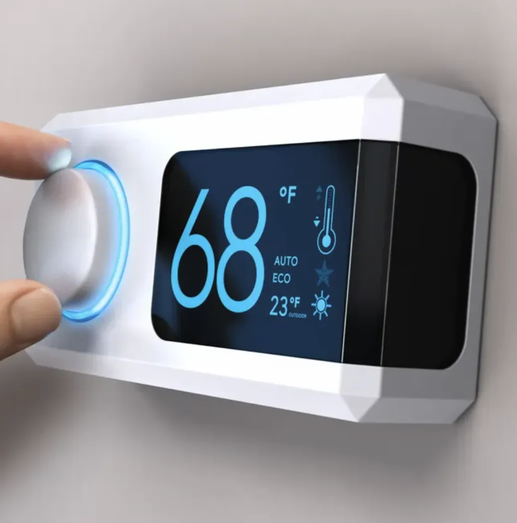 Smart thermostat showing 68 degrees being adjusted, symbolizing energy-efficient heating and cooling control provided by Queen City HVAC across the Puget Sound region.