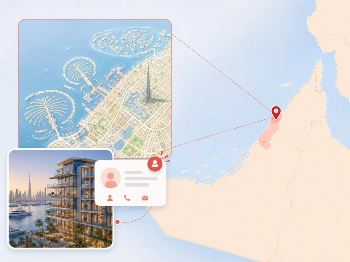 Dubai waterfront buyer campaign with marina, sea-view apartments, and island property interest