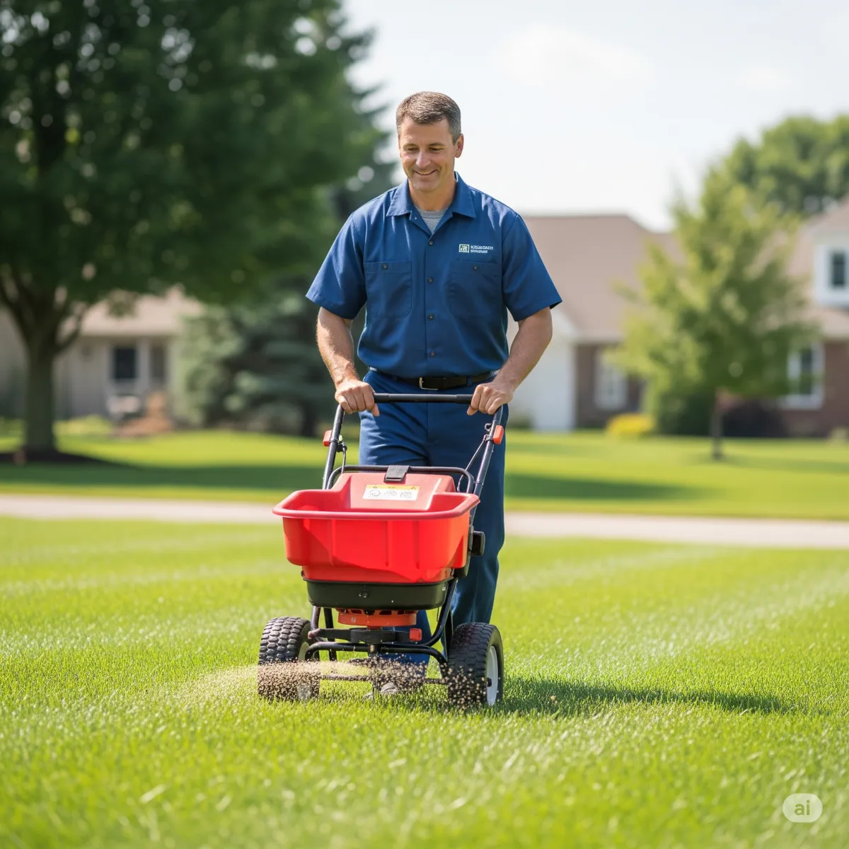 A lawn care technician fertilizing a lawn in Clermont, FL