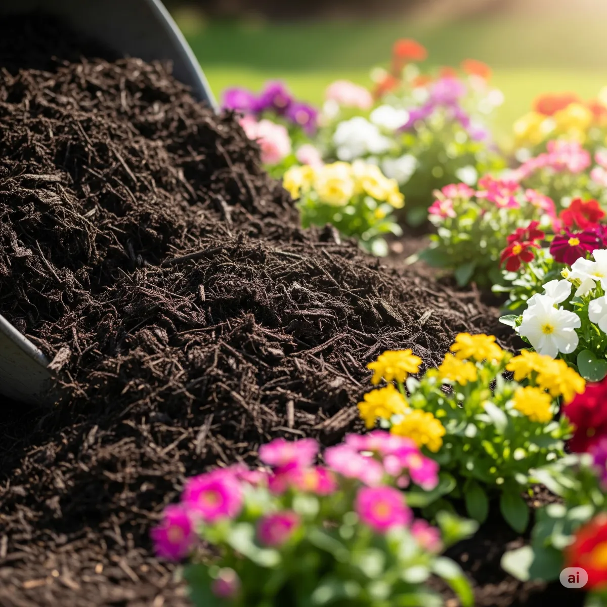 High-quality dark hardwood mulch being professionally installed around colorful perennials.
