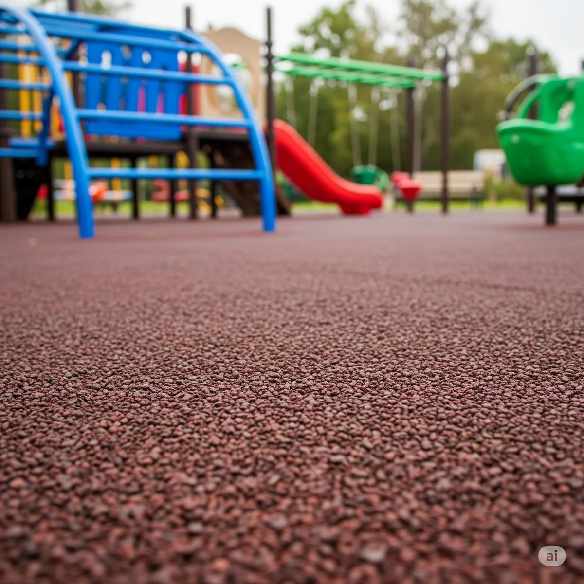 Safe and durable brown rubber mulch installed in a children's playground area.