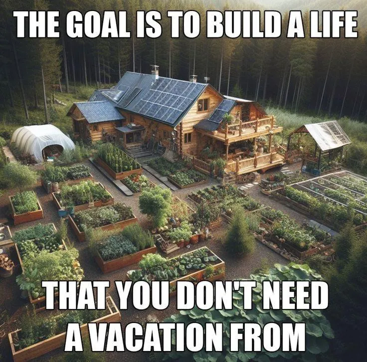 Image illustrating a fulfilling life without the need for a vacation, featuring eco-village living with homesteading and food-growing practices. Showcases self-sufficiency, sustainable living, and a harmonious community environment."