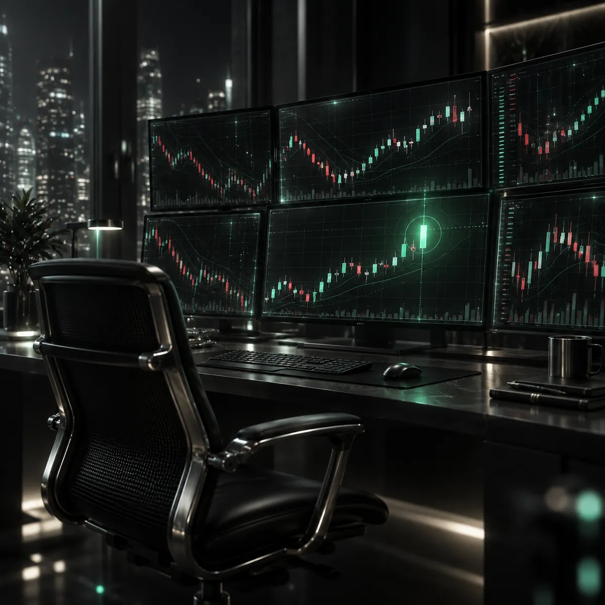 Visual contrast of complex chaotic market data noise fading against a single calm green verified alert point