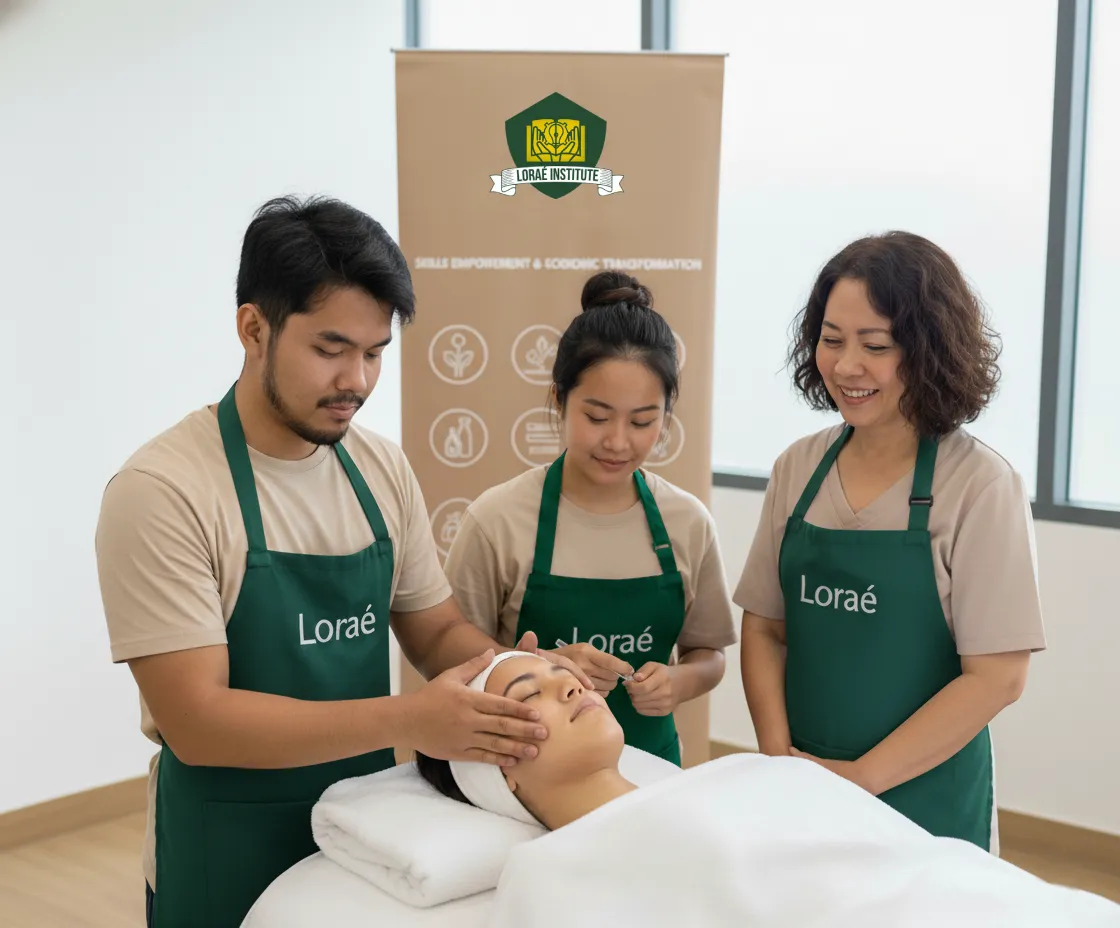 Students practicing facial techniques in a modern training studio with instructor observing.