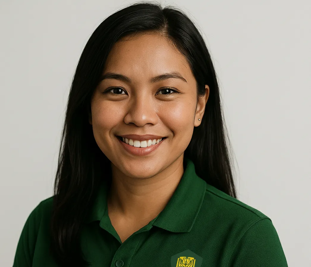 Headshot of female student, smiling confidently, photorealistic studio portrait