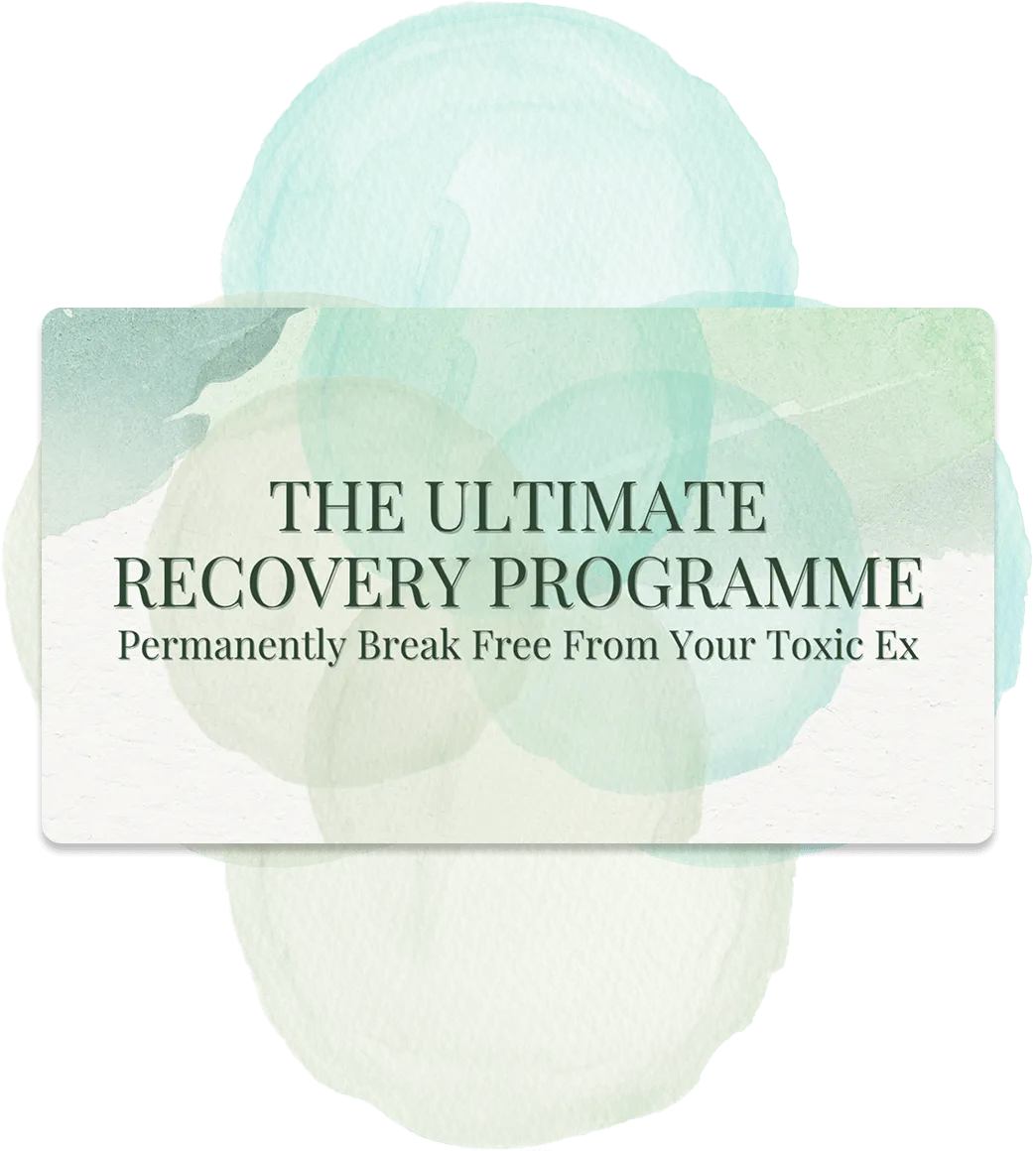 Illustration for The Ultimate Recovery Programme — watercolor-style layered greens with text: “Permanently Break Free From Your Toxic Ex.