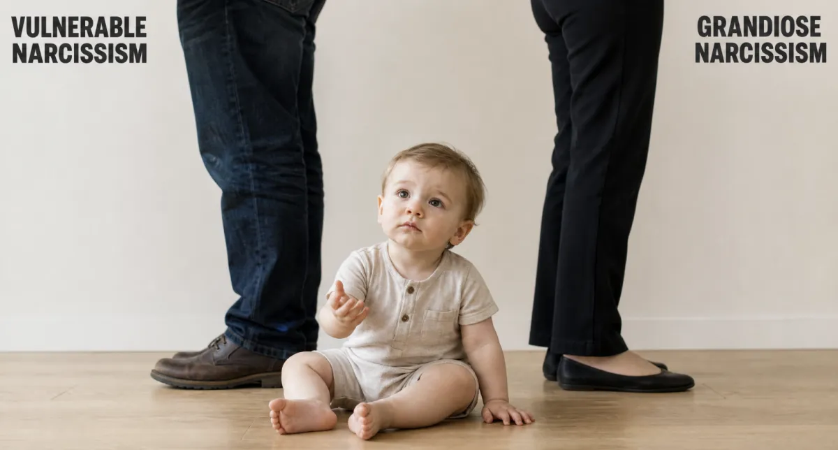 A young child looking up at a parent, illustrating how early relationships shape a developing sense of self