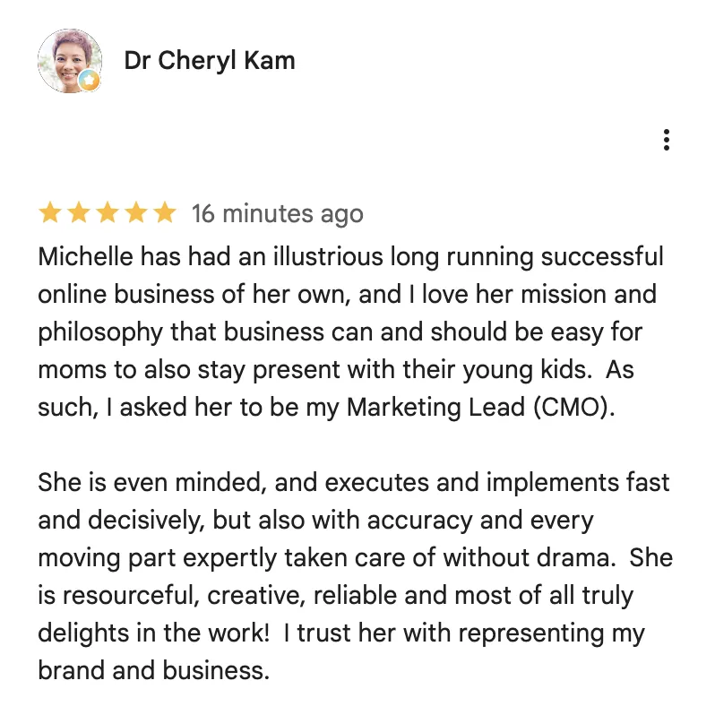 5-star Google review of Amply360 Studio from Dr Cheryl Kam, Founder of Matrē Supplements and Vibrant Life Academy