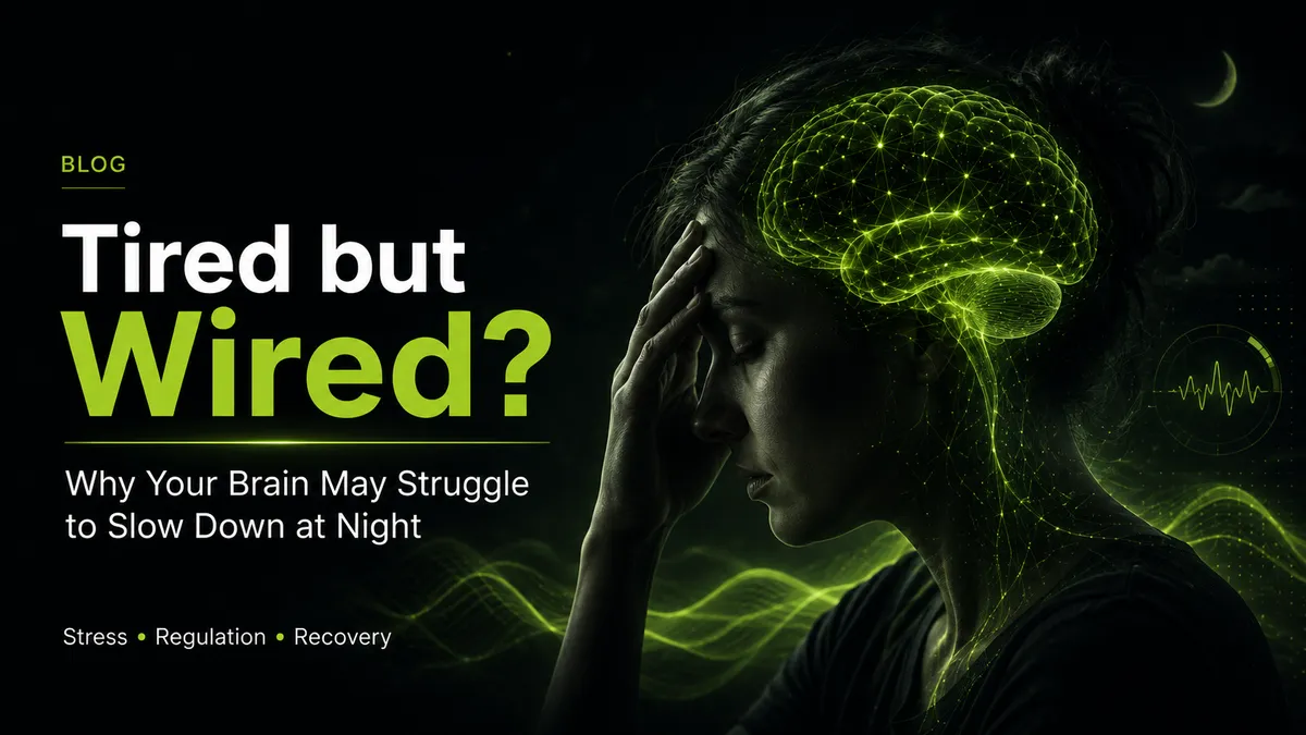 Adult resting at night with a glowing brain illustrating stress, arousal, and sleep regulation
