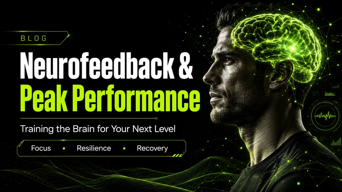 High performer with illuminated brain representing neurofeedback, focus, resilience, and peak cognitive performance