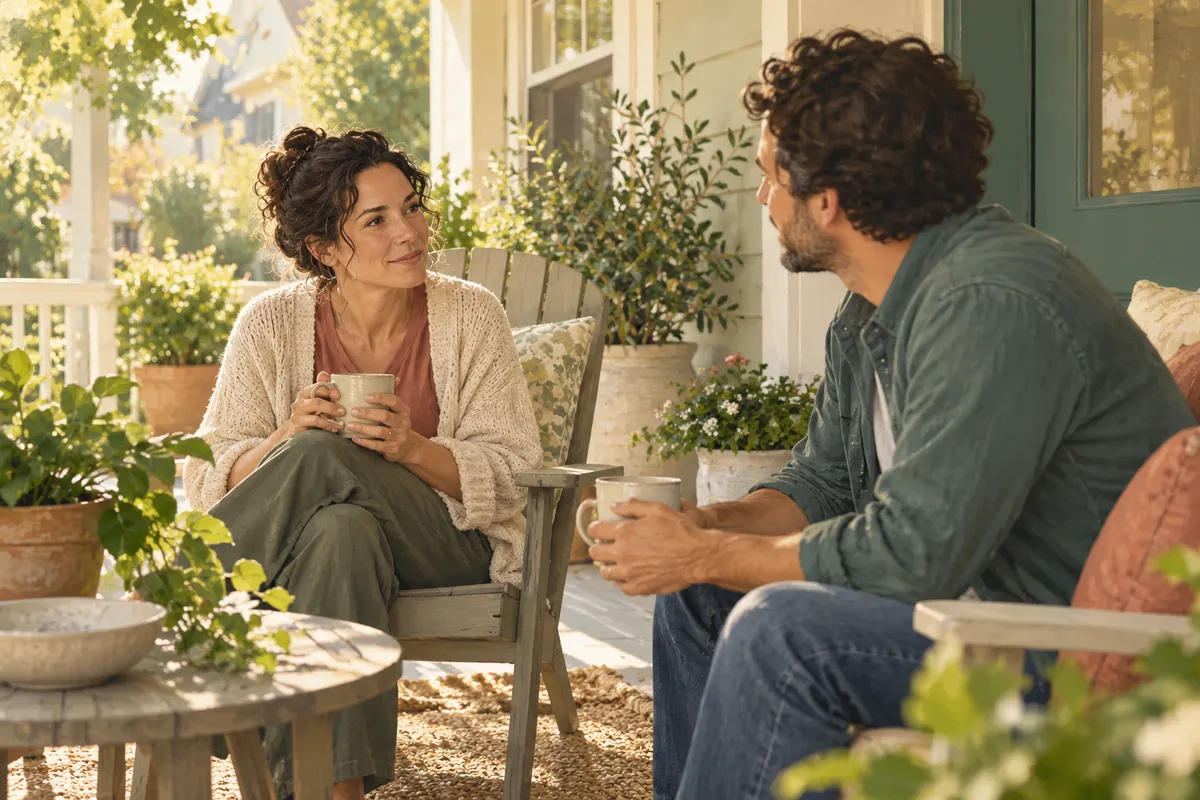 Illustration of two adults having a quiet conversation over mugs on a sunlit porch.