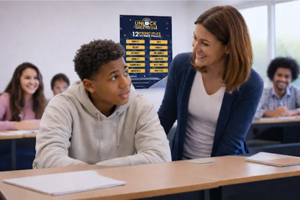 Teacher encouraging a discouraged student to rebuild hope and motivation in a school setting