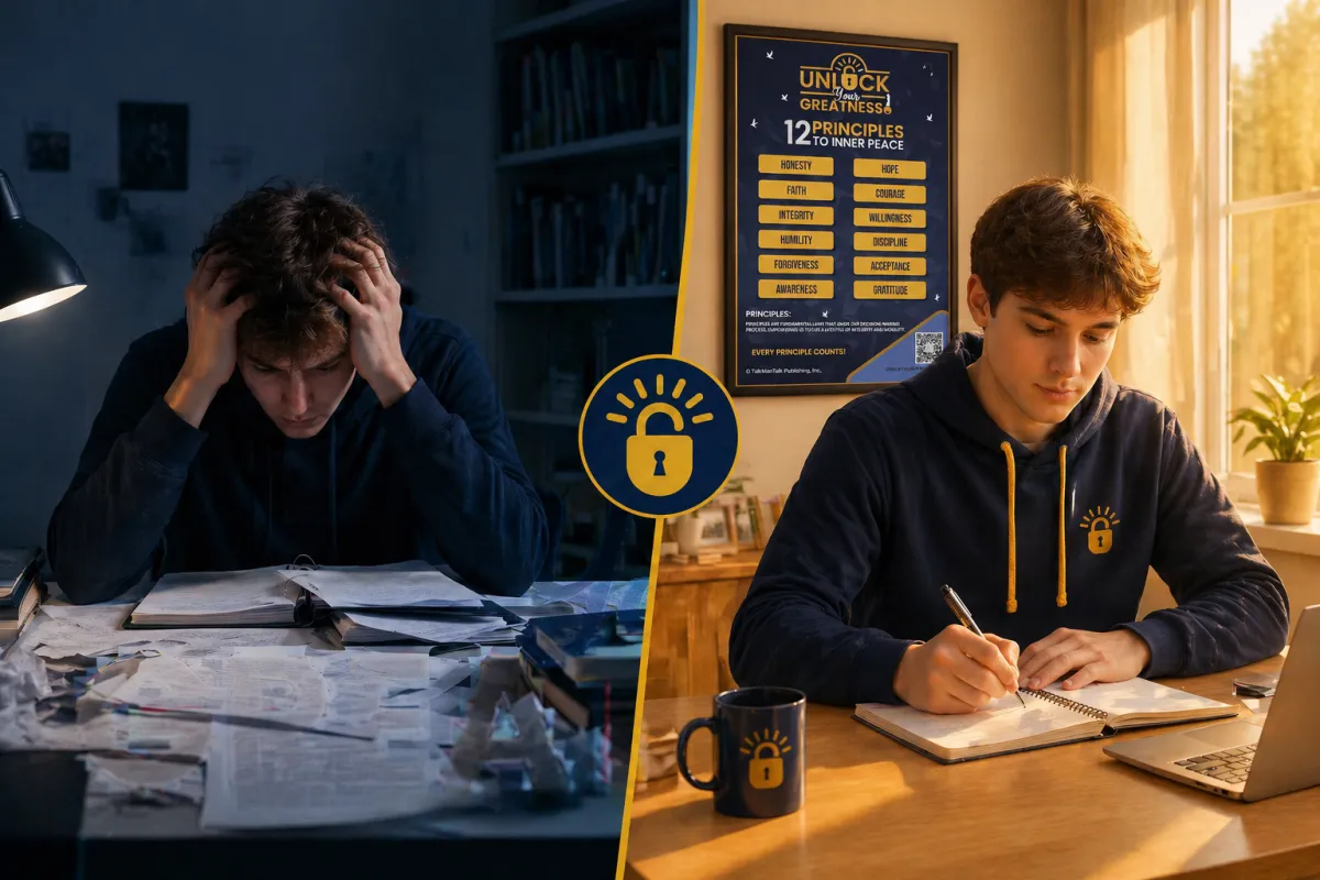 Student building confidence through daily habits, studying at desk and practicing courage in everyday situations