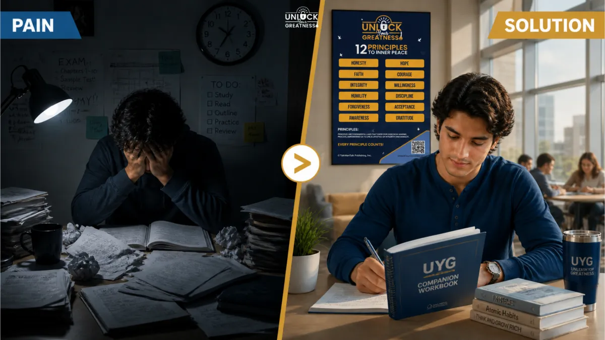 Student struggling with doubt beside a student finding purpose and clarity