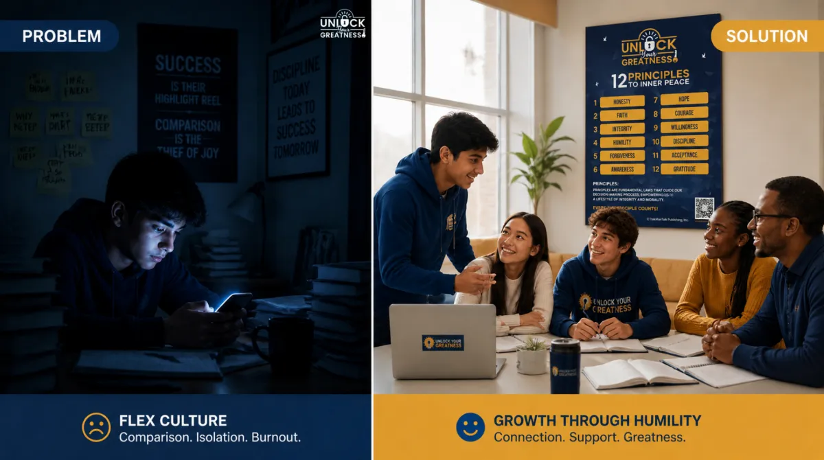 Group of students collaborating around a table near a whiteboard, illustrating the shift from flex culture to a growth mindset