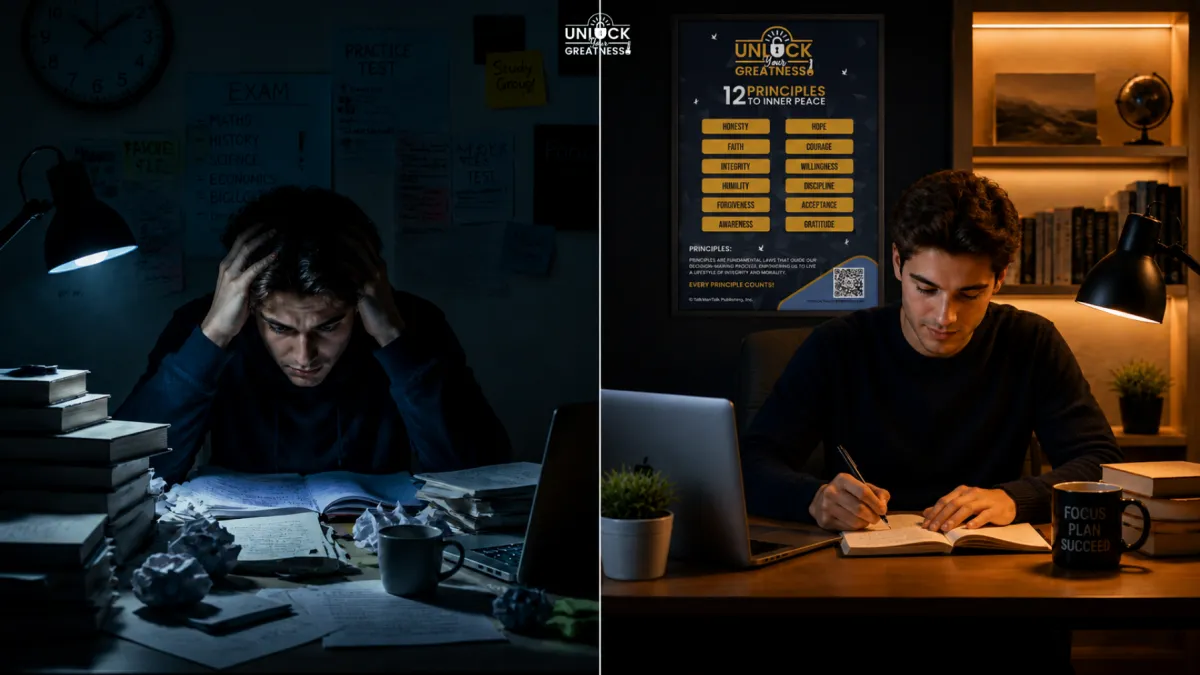 A student studying at a desk late at night under warm lamp light, staying focused and disciplined long after motivation fades