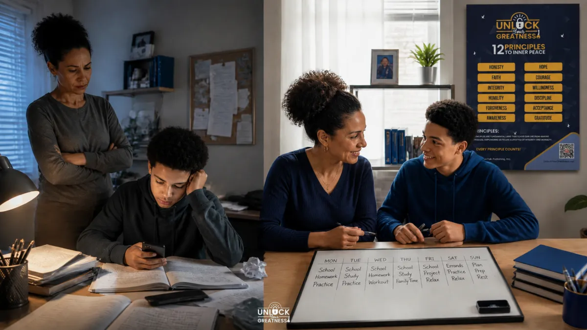 A parent and teen sitting together reviewing a weekly planner and calendar, building a shared routine instead of relying on reminders