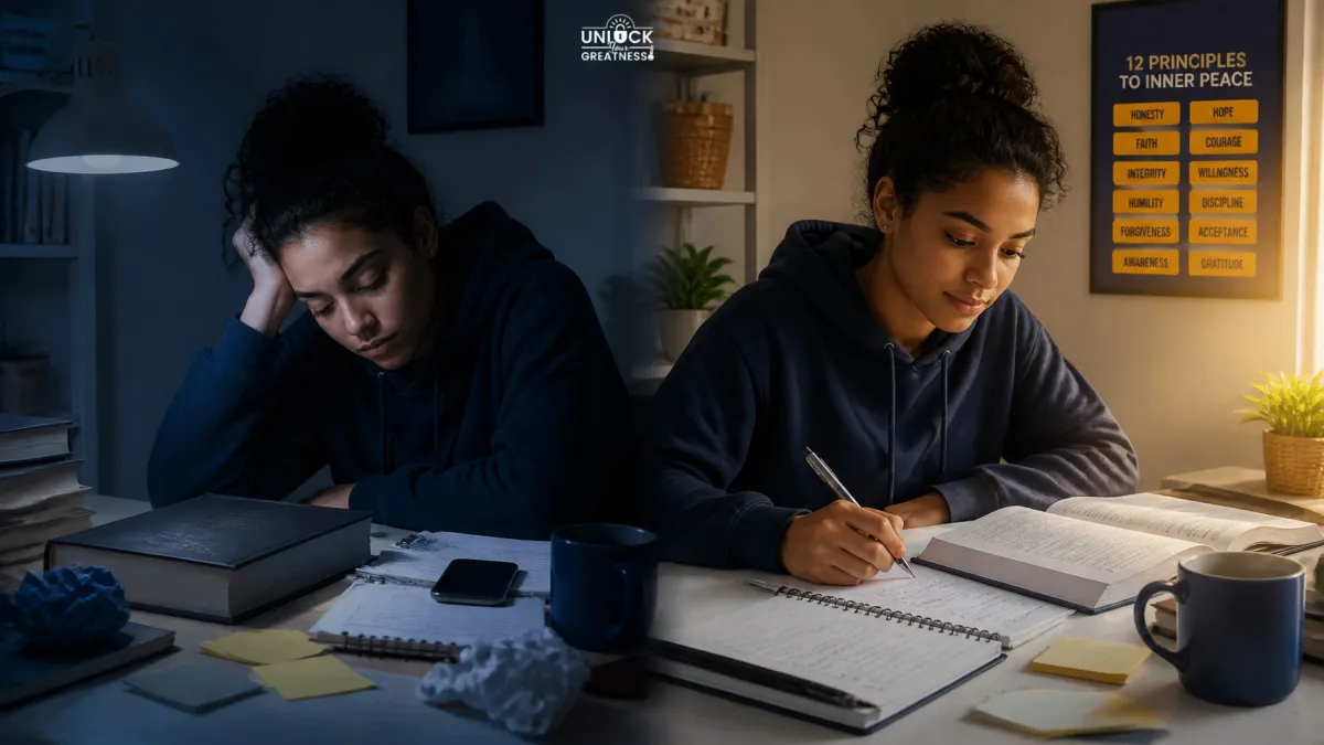 Split-scene of an overwhelmed college student beside the same student using a planner and checklist to build consistent study habits