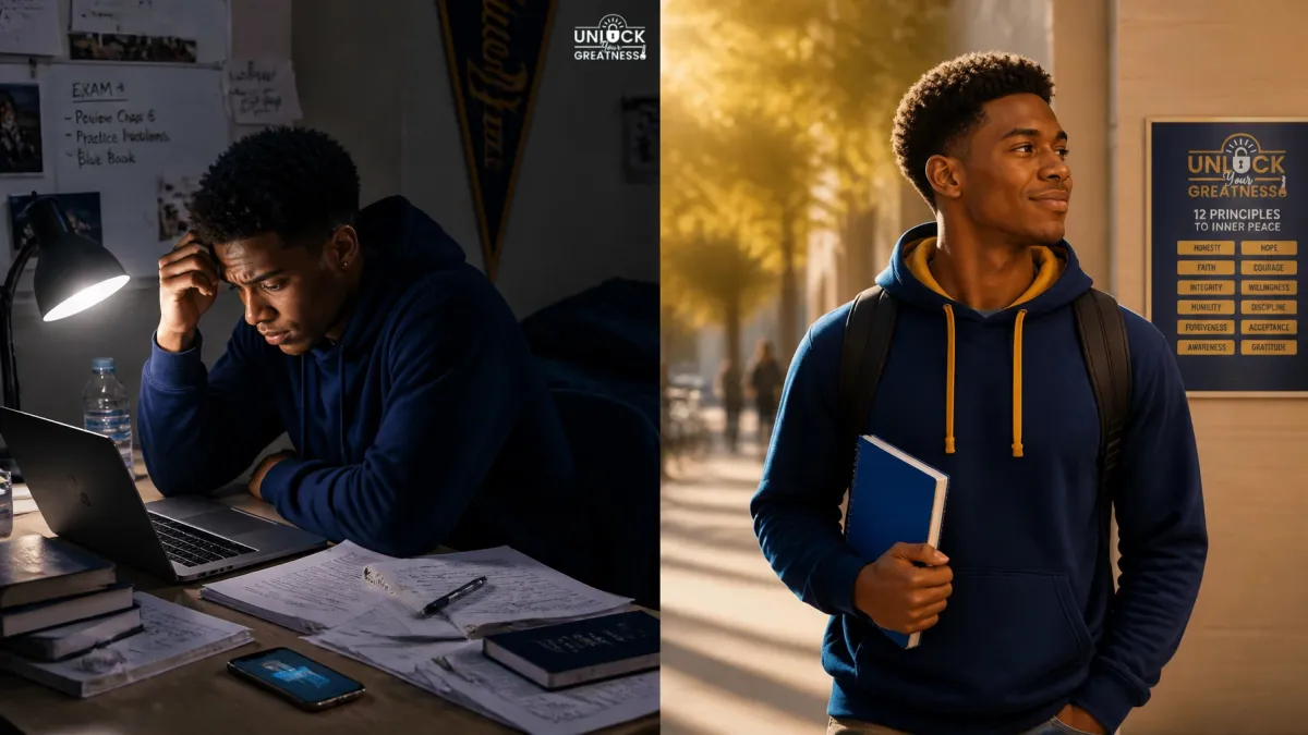 A college student sitting alone looking weighed down beside the same student walking forward with a book, showing the shift from carrying a grudge to releasing it