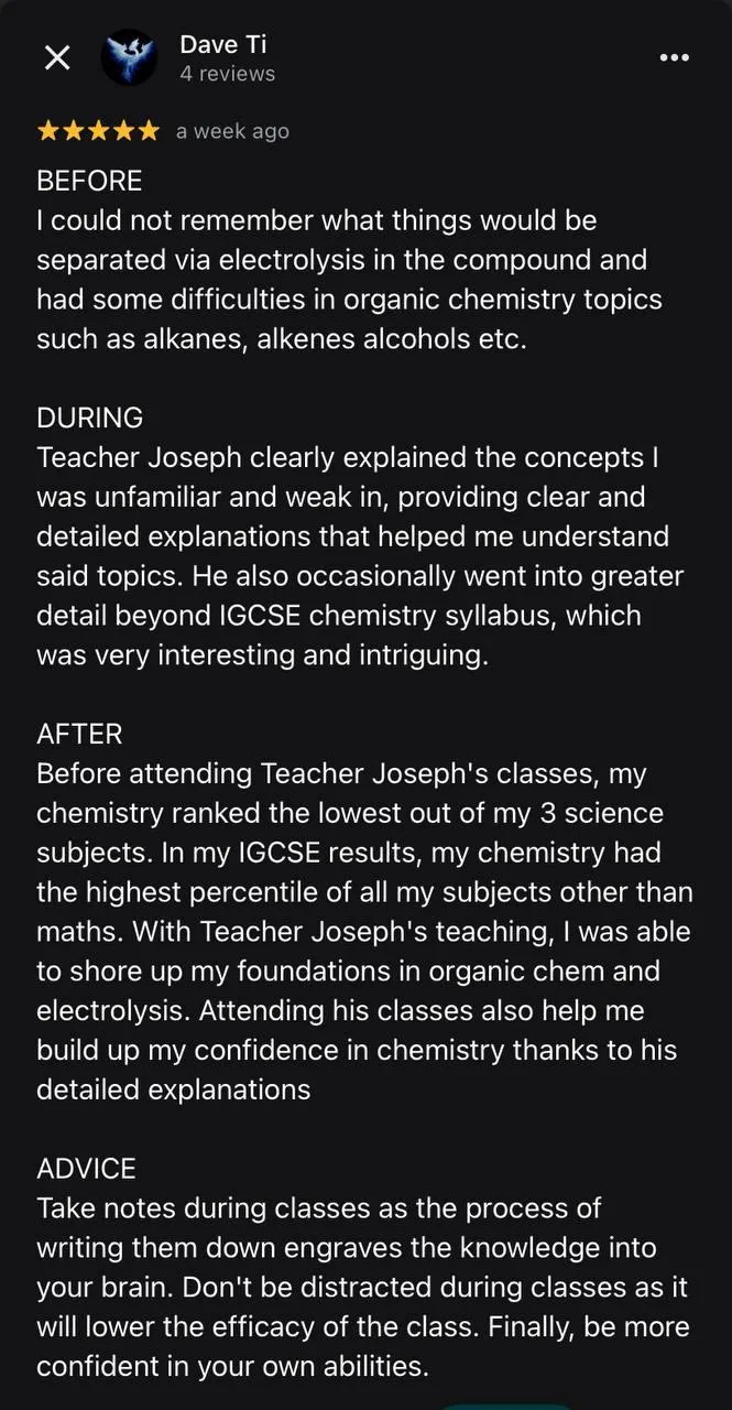 IGCSE Chemistry Online Specialist - Teacher Joseph Kuan