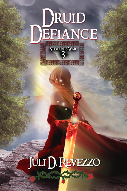 Druid Defiance (Stewards War, book three) by Juli D. Revezzo, romantasy, Celtic romance, druid romance, gods and wizards, world ending romance, urban fantasy romance, paranormal romance, fantasy romance, druids