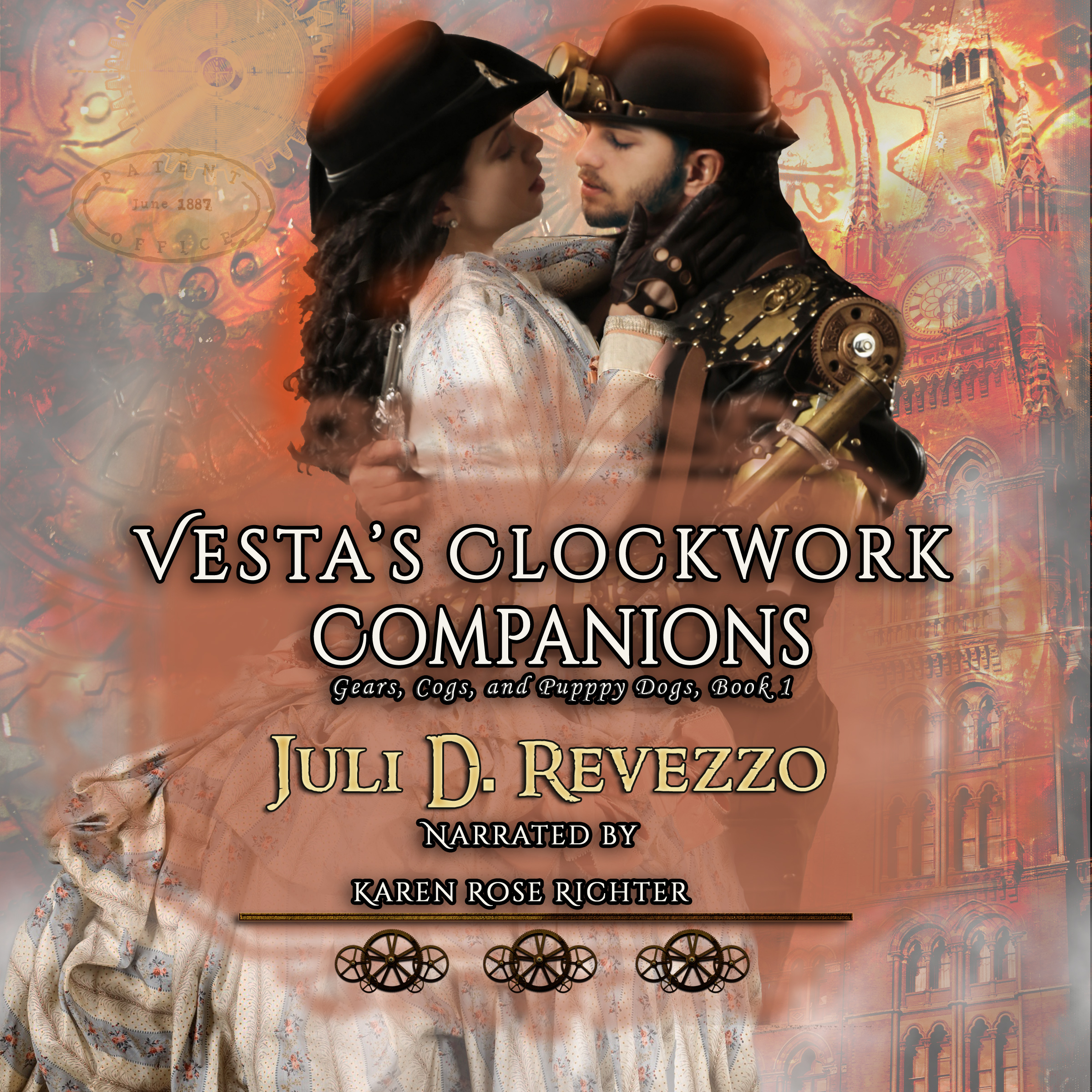 Vesta's Clockwork Companions (Gears, Cogs, and Puppy Dogs, book one) by Juli D. Revezzo, audiobook, Steampunk romance, Victorian romance, Working man hero/heiress romance, arranged marriage romance, fell in love with the wrong brother romance, Women in STEM, Women in STEM romance, sweet romance