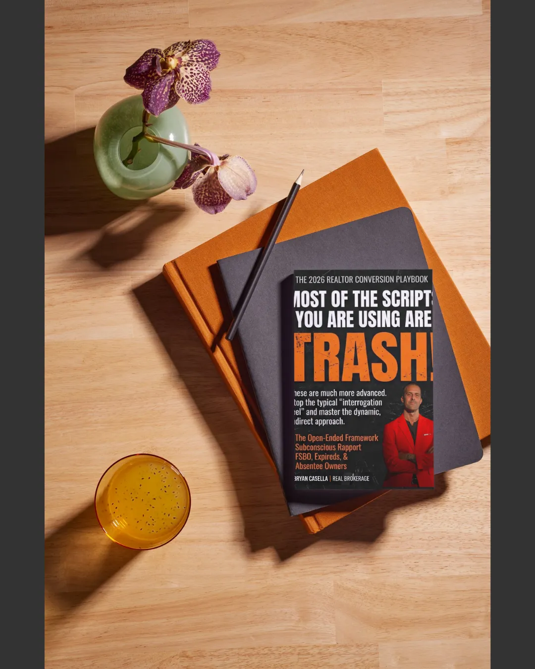 2026 Realtor Conversion Playbook Bundle featuring a book cover titled 'Most of the scripts you are using are trash', loose script pages with BC Team logo, and a smartphone displaying 'Linguistic Changes'. Includes a '50+ pages' orange badge.