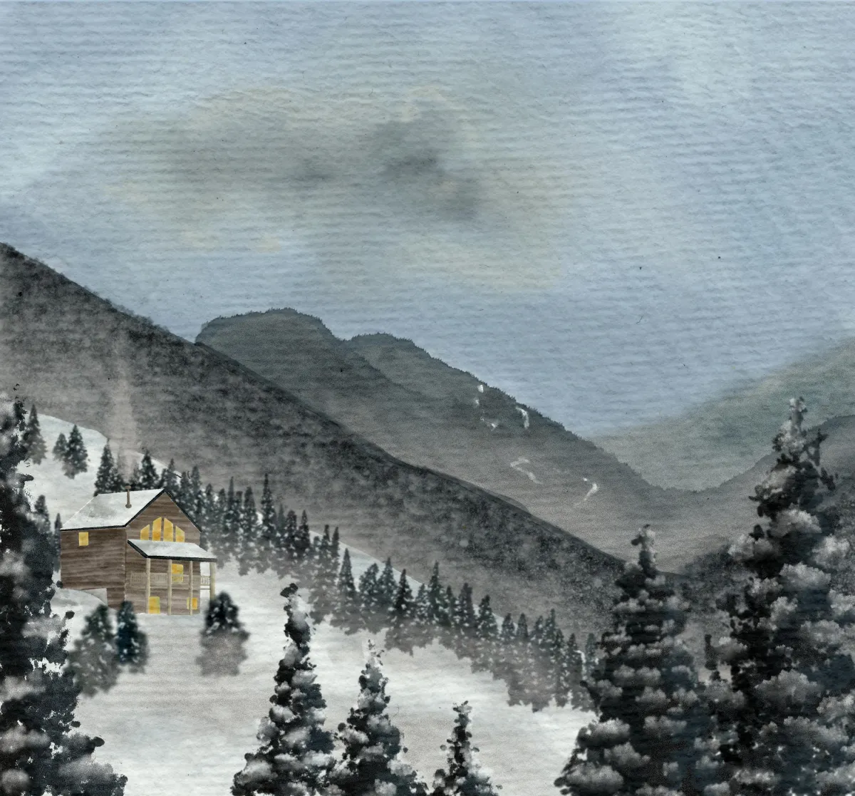 Hales Yeah Illustration, Hales Yeah Design example of custom paintings and artwork. Painting of a cabin in a mountainous winterscape. 