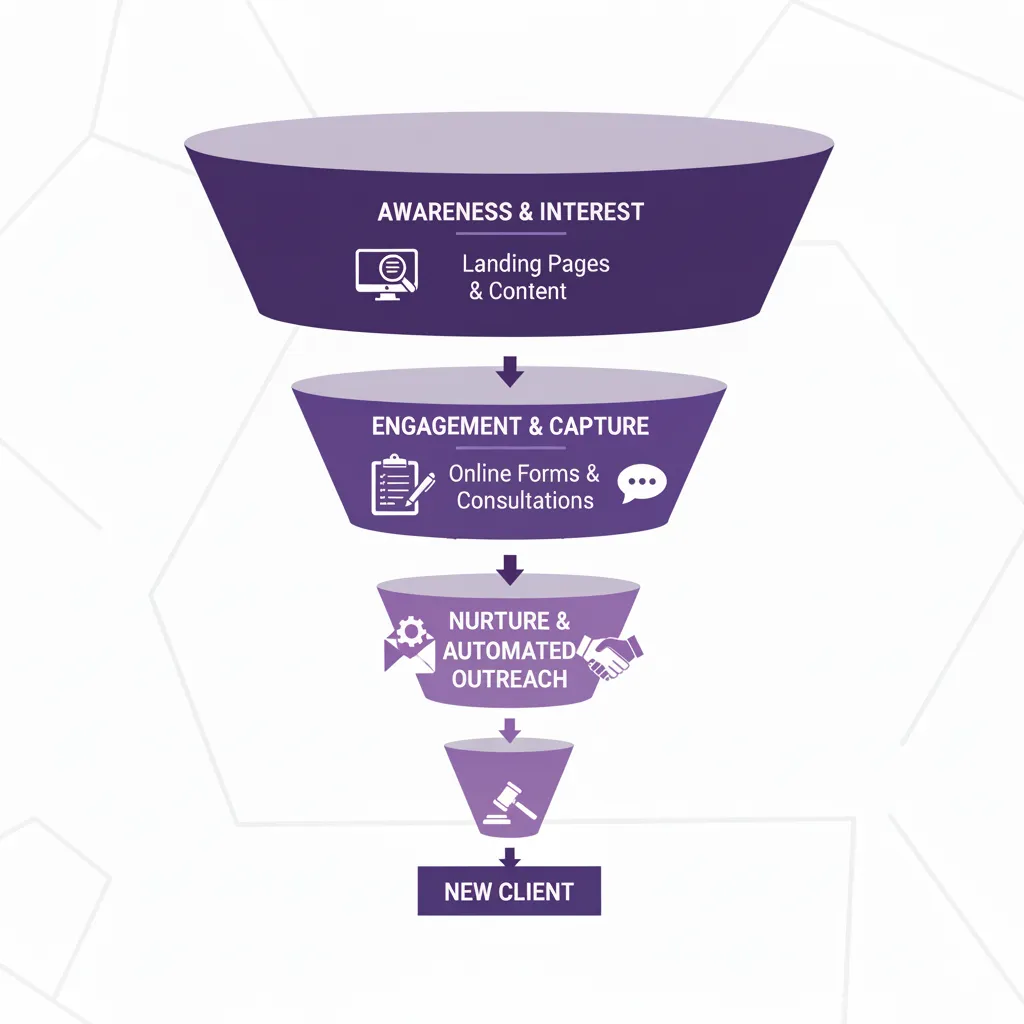 Funnel diagram showing a law firm's lead capture process with landing pages, forms, and automated follow-up.