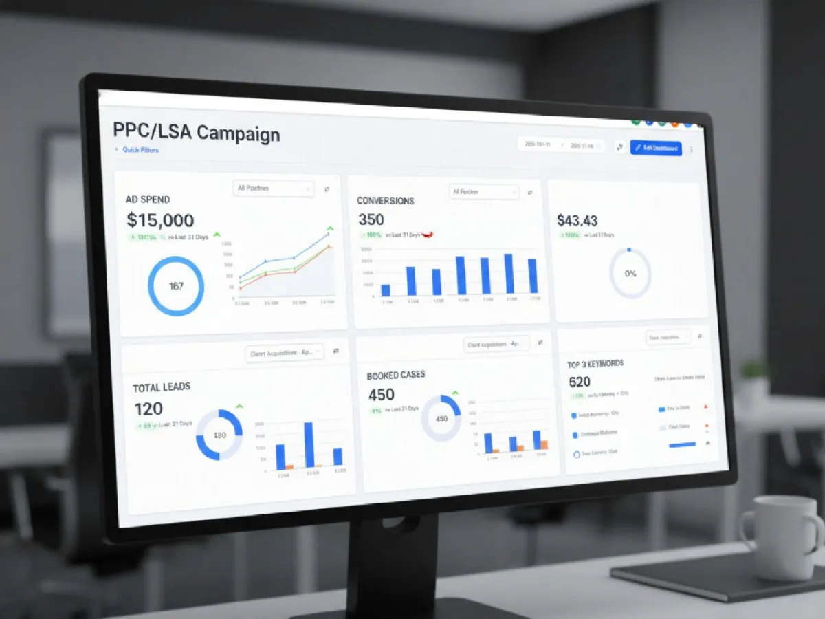 Digital marketing dashboard showing PPC and LSA results for a law firm