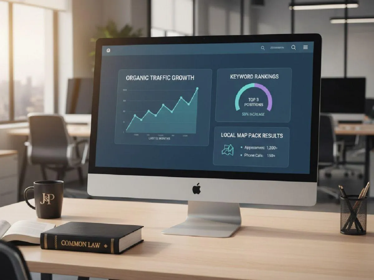 Law firm SEO analytics dashboard showing organic growth, rankings, and local map pack results