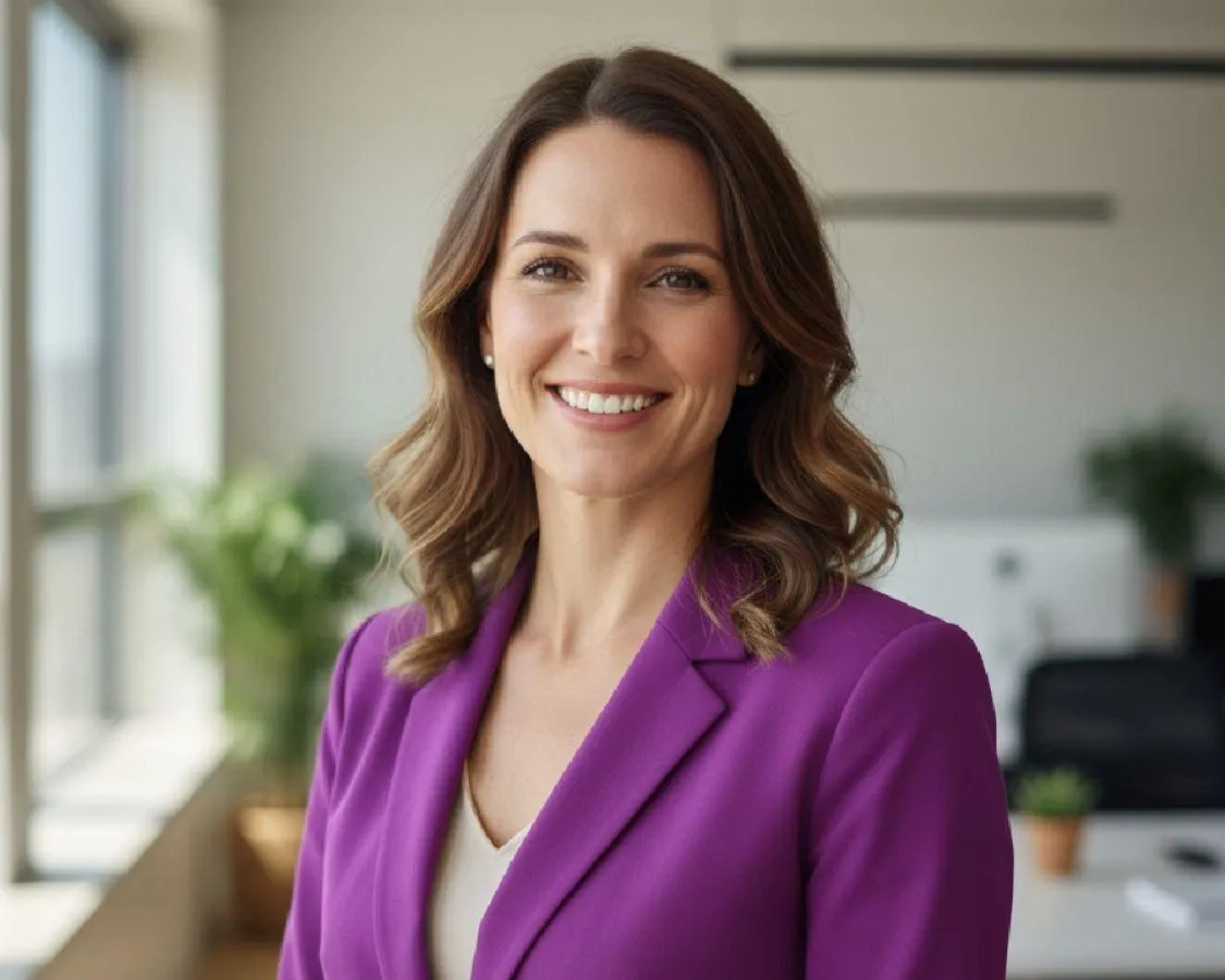 A confident, smiling woman in a blue blazer stands against a softly blurred office background, exuding professionalism and approachability. The image is bright, with natural light highlighting her features, and the composition centers her as the focal point, reflecting leadership and warmth.