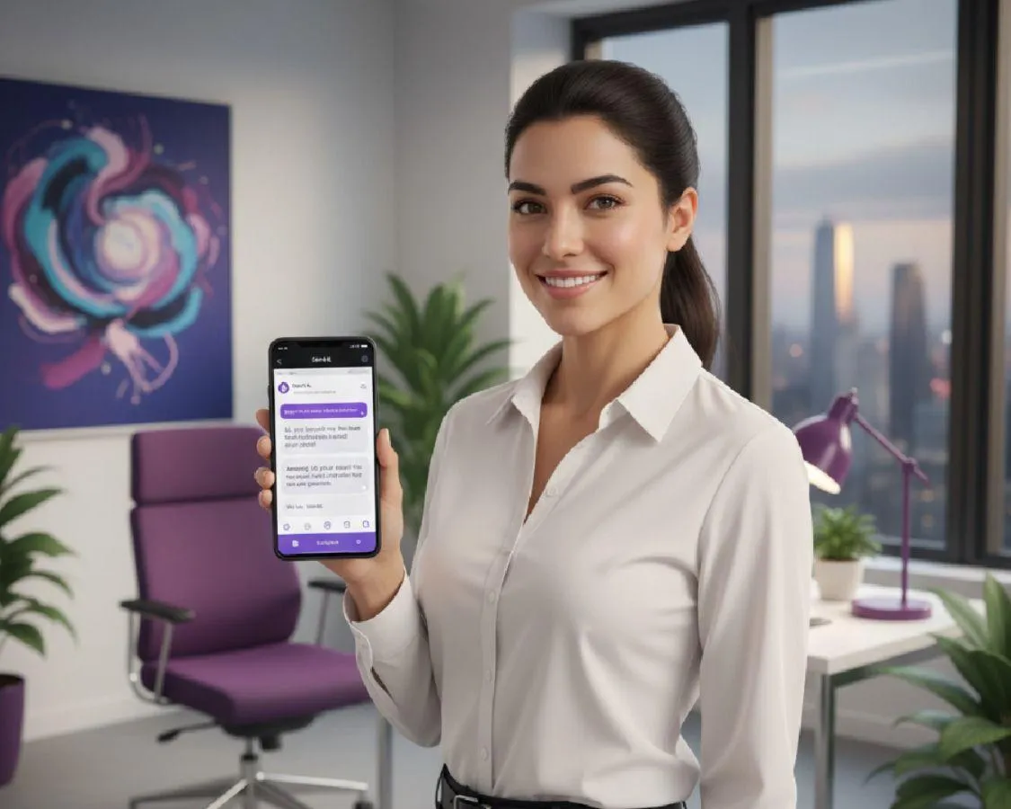 Customer success specialist holding a smartphone showing SMS chat in a modern office with purple accents