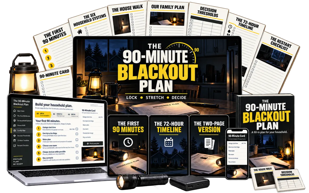 Three printed documents resting on a rustic wooden table: 'The 90-Minute Blackout Plan', a '90-Minute Card', and another small card, warmly lit from above