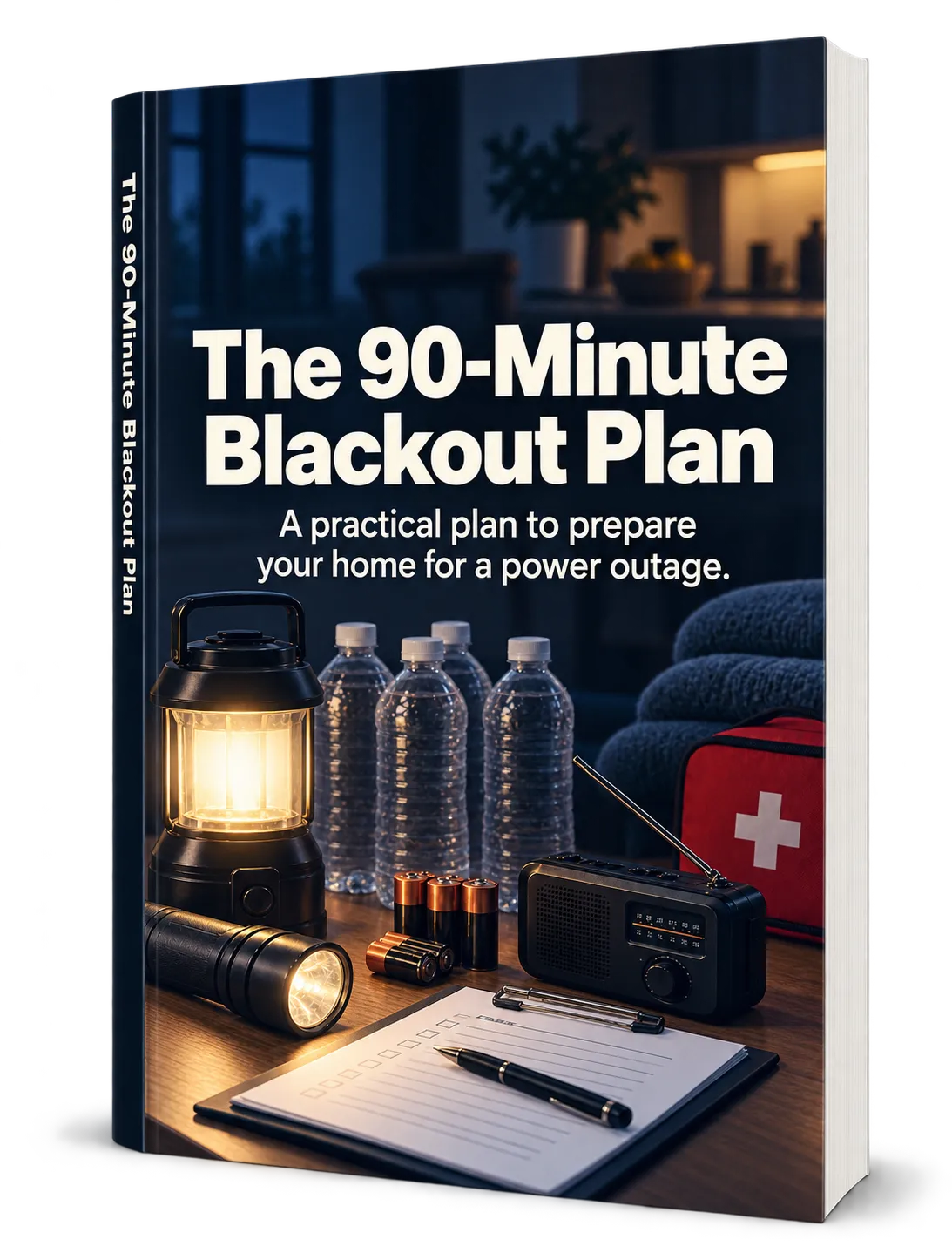 Cover of 'The 90-Minute Blackout Plan' booklet, showing a combination lock icon on a dark background