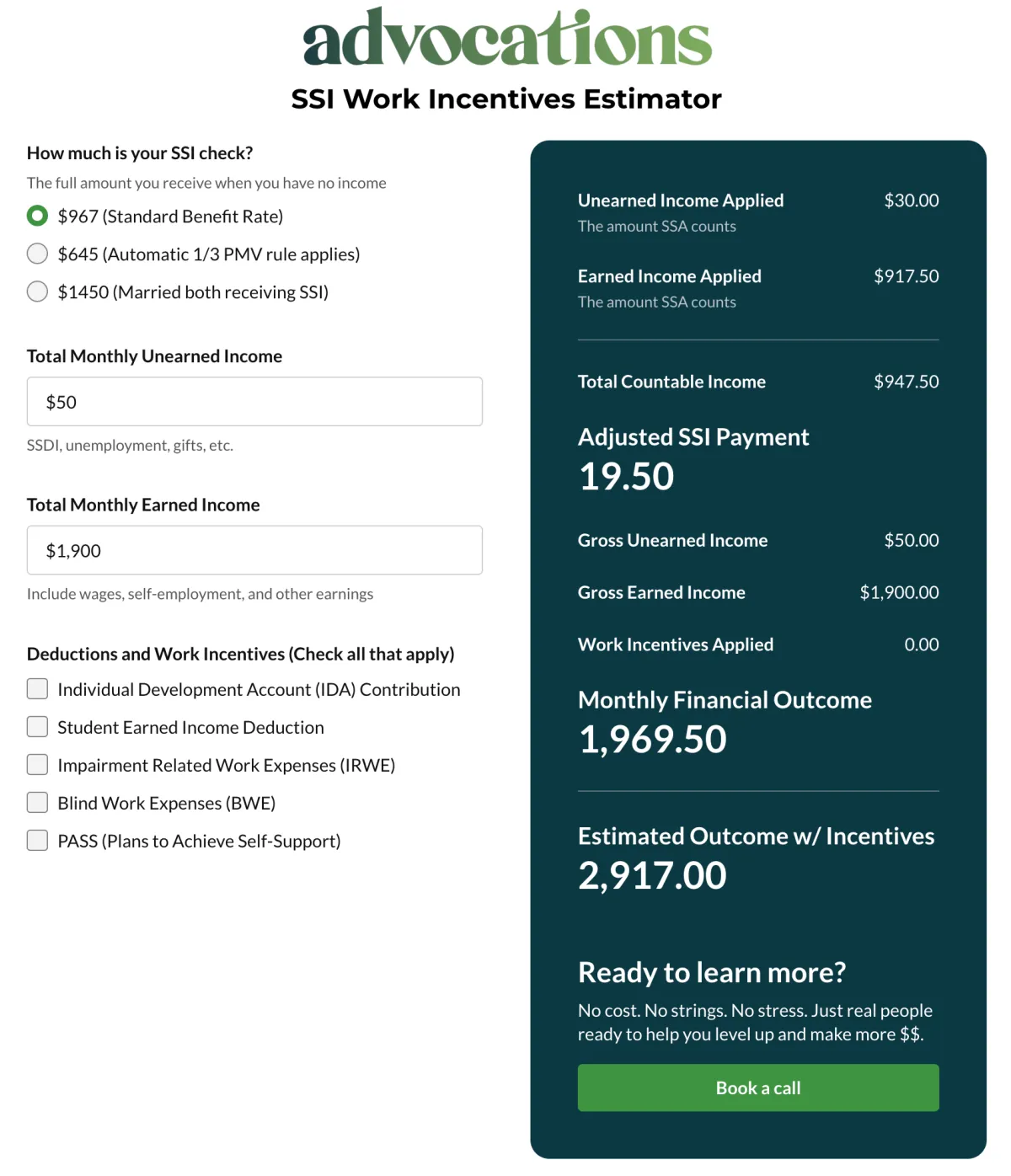 Screen shot of SSI Work Incentives Calculator Tool