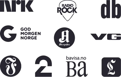 Logo av VG, Dagbladet, Aftenposten, NRK, Tv2 nyhetene, God morgen Norge, Radio Rock, Birkenes avisa, Fedrelandsvennen, Lillesand Posten