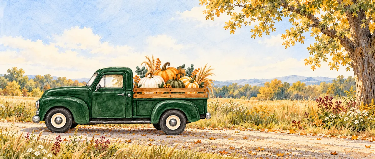 Vintage green truck loaded with pumpkins in a fall field